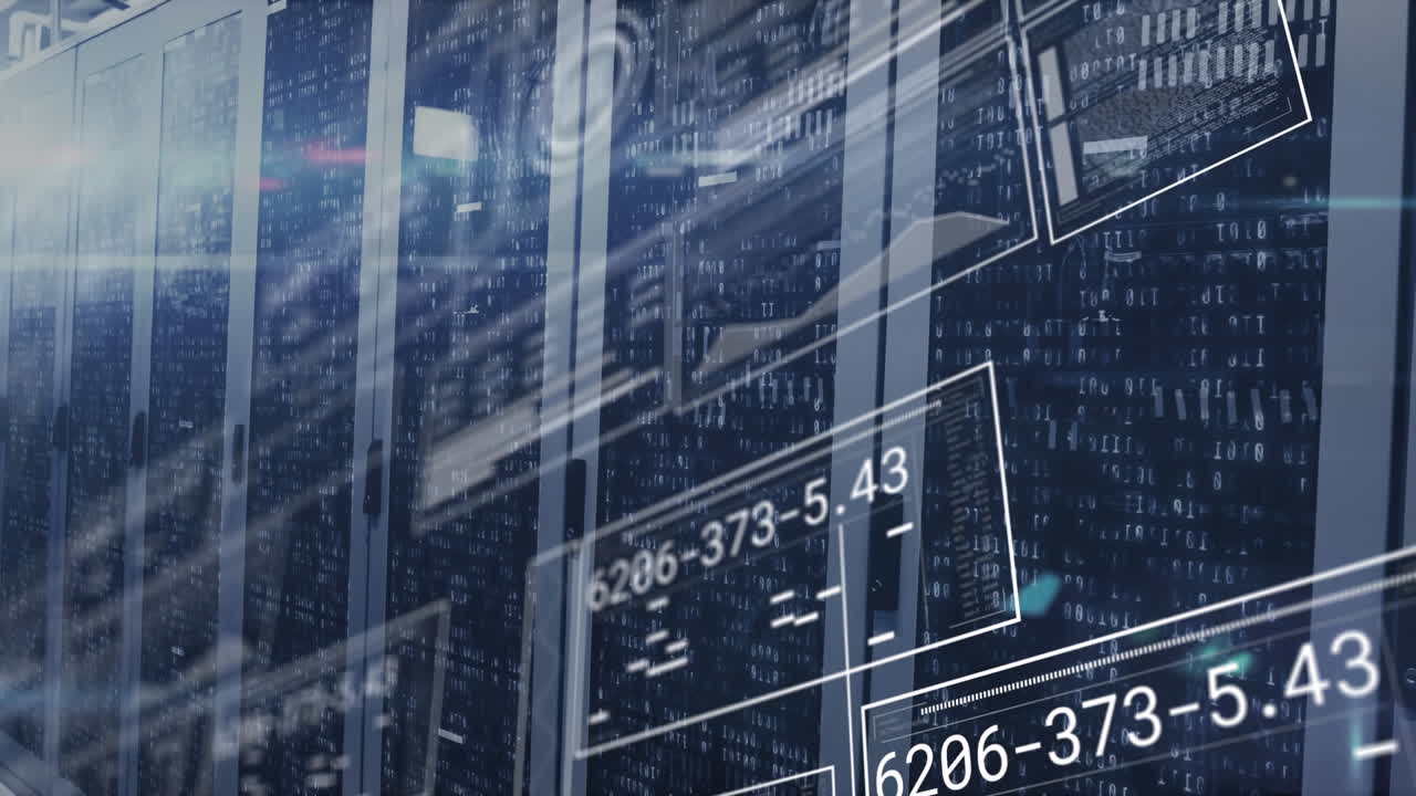 Animation of interface with data processing and light spot against computer server room