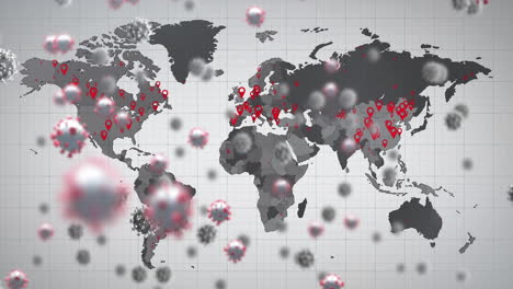 animación de las células del virus sobre el mapa del mundo y el fondo gris