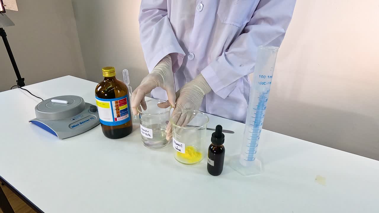 A scientist conducts an iodine clock reaction experiment in a lab setting, demonstrating chemical reactions with precise measurements