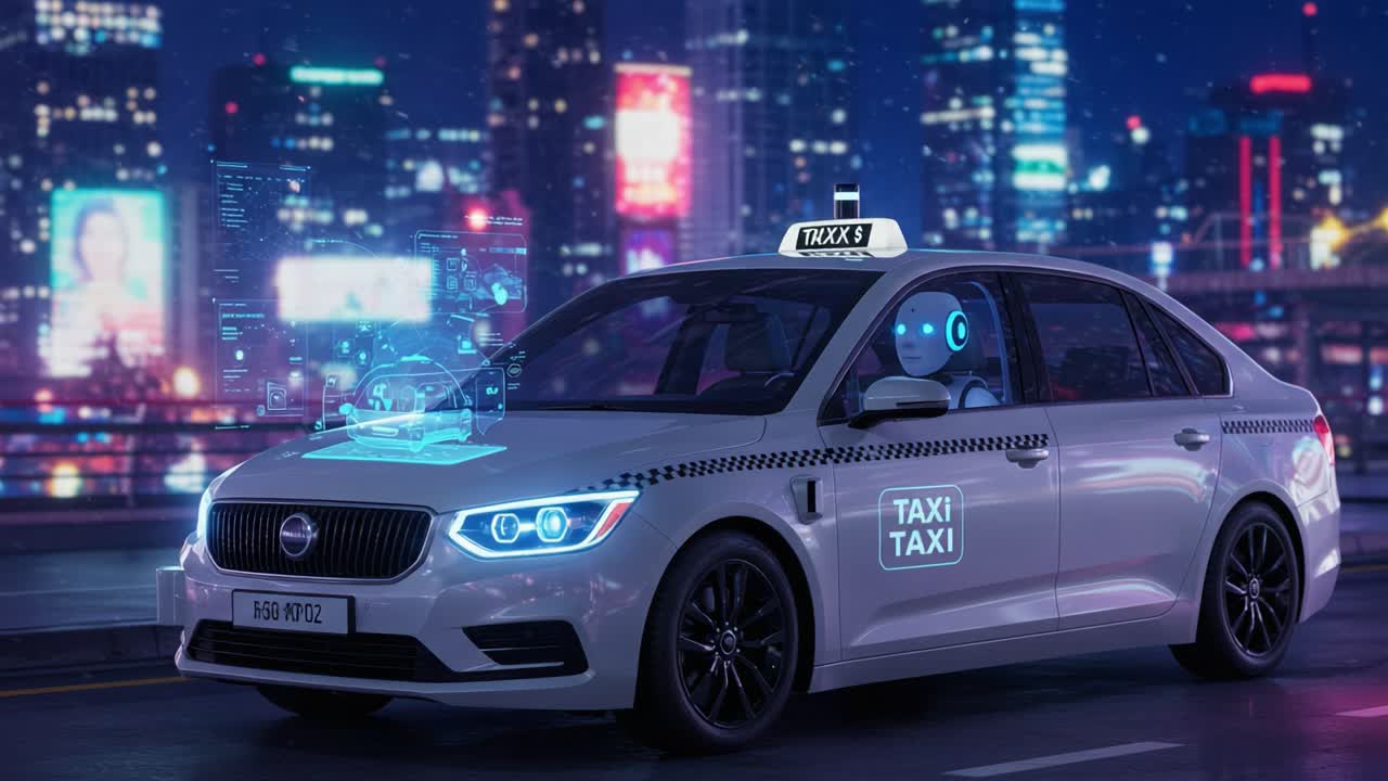 Futuristic Autonomous Taxi in Urban Setting with Digital Interface, Showcasing Technological Innovations and Modern Cityscape at Night