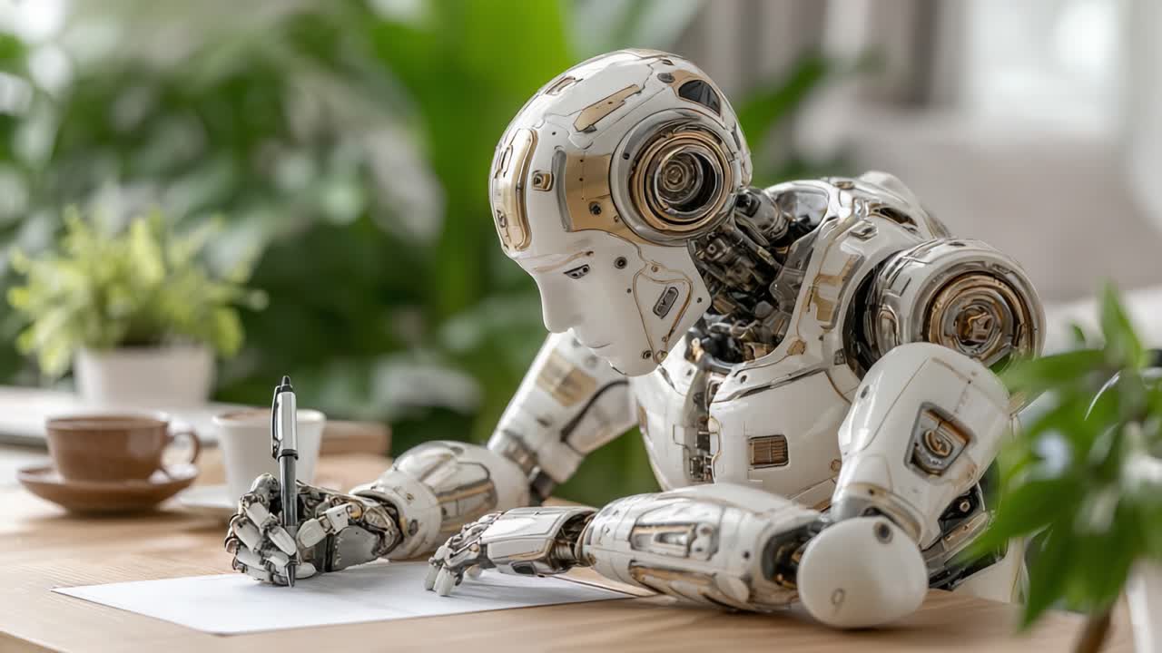 Un robot umanoide intento a scrivere in un ambiente interno sereno, circondato da verde e mobili moderni, mostrando i progressi della robotica e l'integrazione dell'IA nella vita quotidiana.