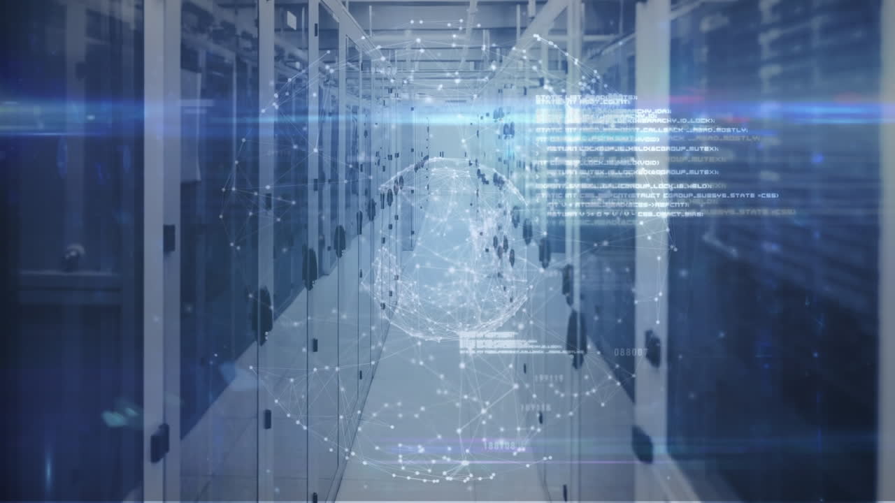 데이터 프로세싱의 애니메이션과 컴퓨터 서버 방에 대한 연결 네트워크의 글로브