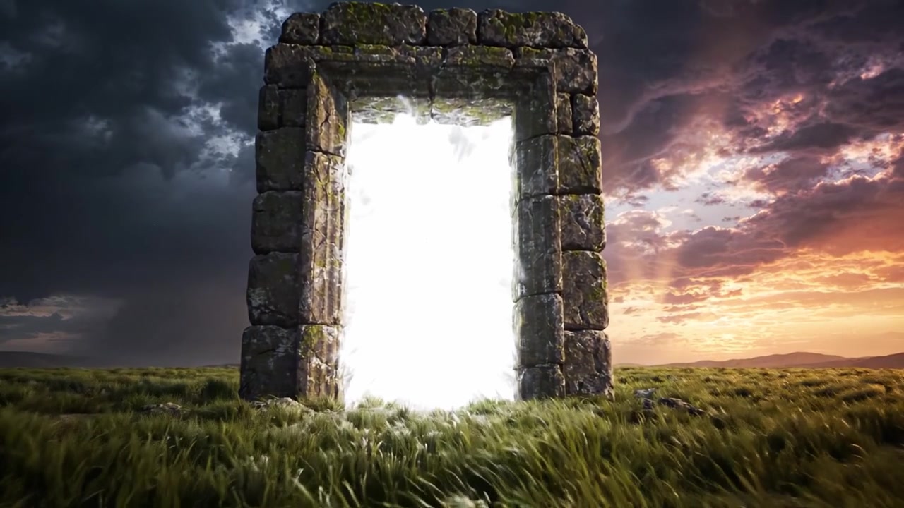 Ein majestätisches Steinportal, erleuchtet von einem blendenden Licht, umgeben von üppigem grünem Gras unter dramatischen Himmeln bei Sonnenaufgang oder Dämmerung, das ein Gefühl von Geheimnis und Faszination hervorruft.