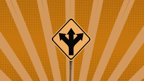 Animation-of-road-sign-and-shapes-on-orange-background