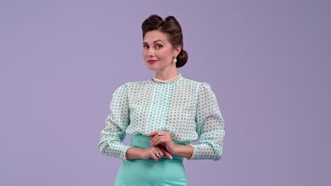 elegant woman in vintage 1940s style winking and pointing