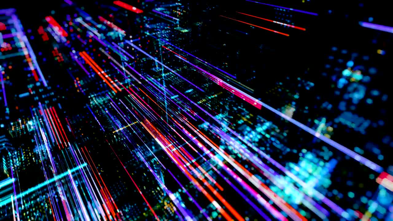 Città virtuale digitale astratta. Concetto di scansione della città per attacchi hacker. Render 3D loop 4K.