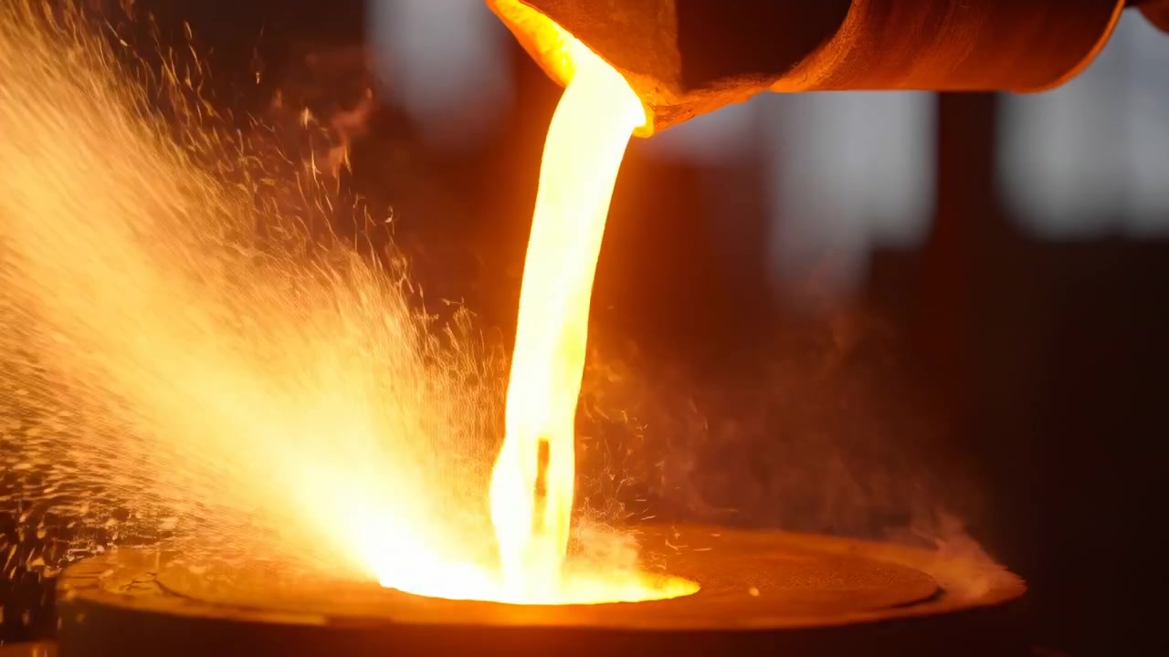 Metallo fuso che si versa in un crogiolo, primo piano intenso di fonderia che mostra un flusso incandescente e scintille eruttanti, liquido.