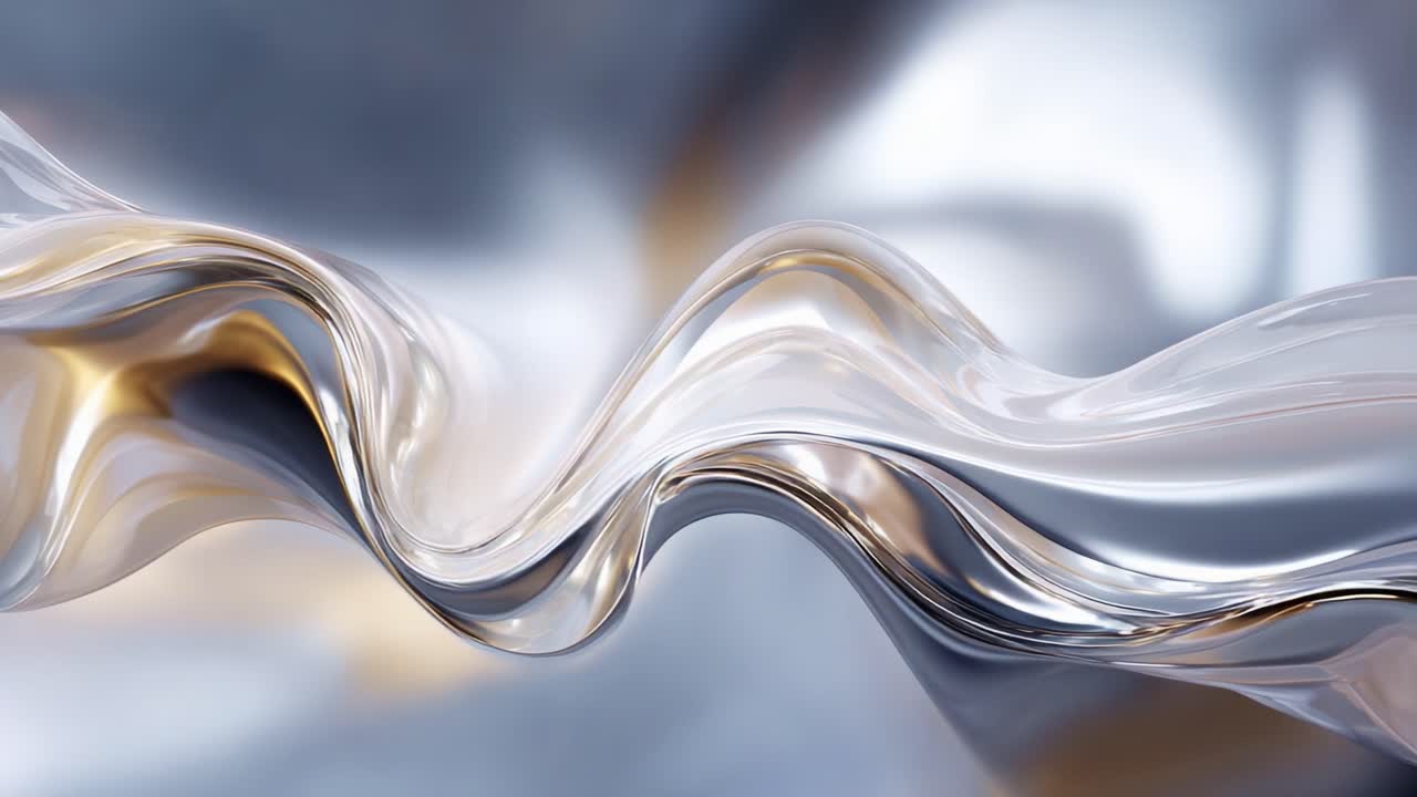 Fluid, Abstract Waves Depicting a Flowing, Ethereal Motion in a Shiny, Metallic Landscape, Capturing the Transitions of Light and the Harmony of Colors in a Continuous Stream