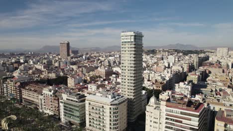 Aerial-pan-reveals-cityscape-of-ancient-city-of-Alicante,-Spain