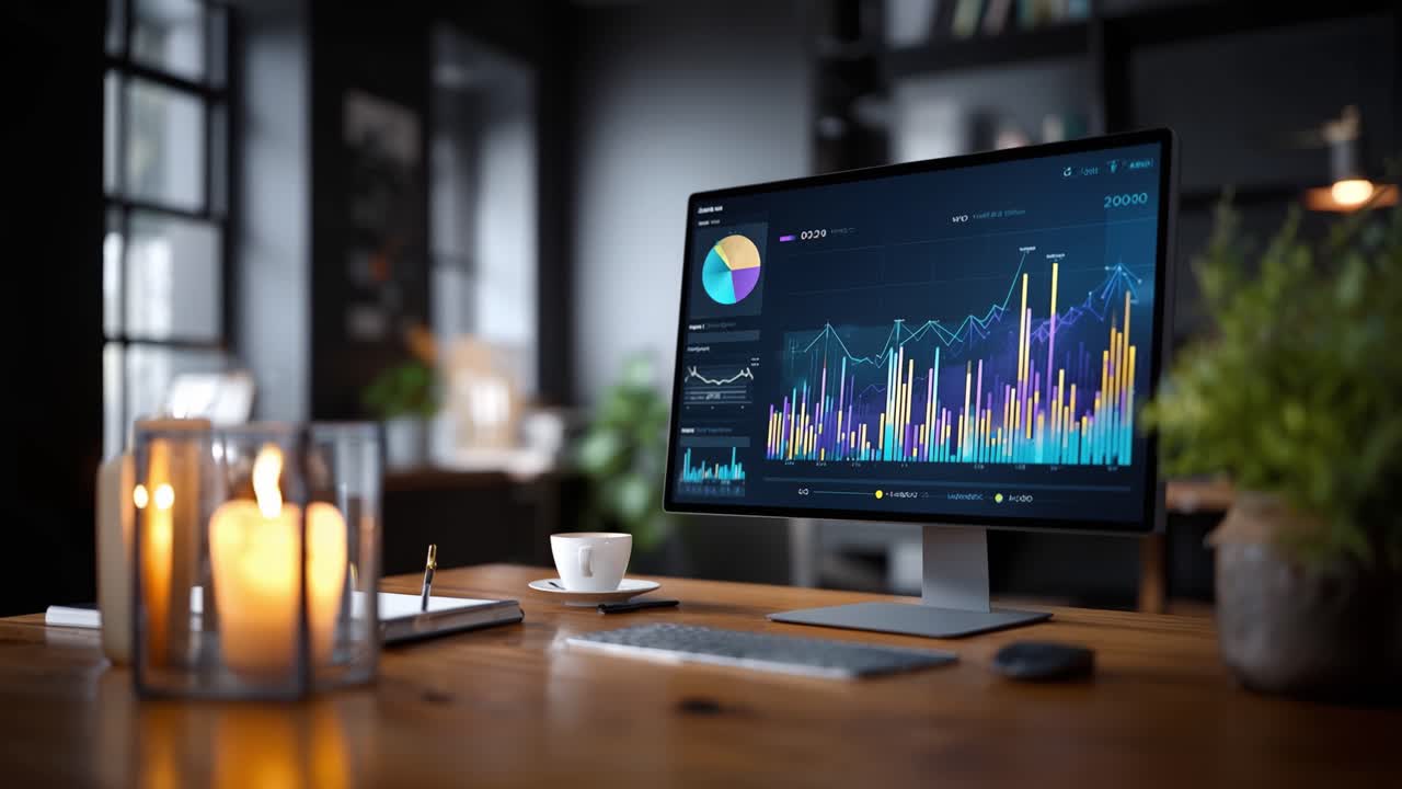 Et moderne arbeidsområde med en skjerm som viser fargerike datavisualiseringer og analyser i et stilig kontormiljø med koselig belysning.