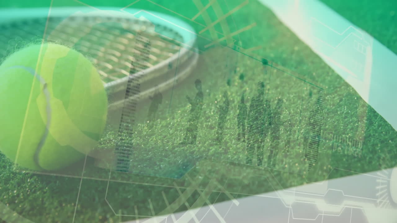 Neon yellow tennis ball resting on green grass court, showing racket strings and digital overlays