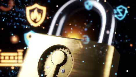 a visually engaging concept of digital security with an ornate golden padlock surrounded by floating icons, symbolizing encryption, protection, and cyber safety