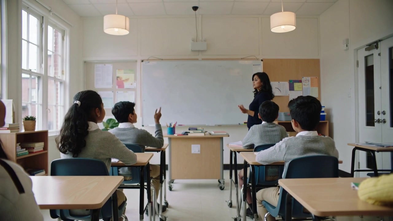 Professor(a) de blusa escura gesticulando para o quadro em sala de aula, perguntando e fazendo com que os alunos levantem as mãos, com espaço para texto