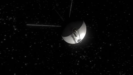 High-quality-and-very-detailed-orbiting-shot-of-the-space-probe-Voyager-1-as-spinning-its-way-through-the-cosmos,-in-deep-space-on-its-mission-20-billion-km-from-Earth