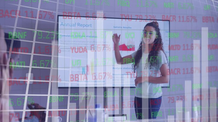 Animazione di elaborazione dati finanziari con mercato azionario su diversi professionisti in ufficio.