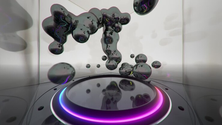Altoparlante spinge goccioline di liquido nell'aria. Animazione renderizzata in 3D in loop senza soluzione di continuità.