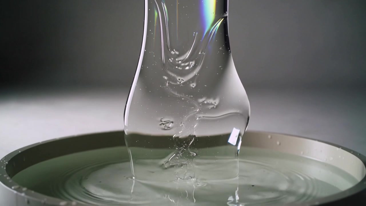 Colonna viscosa trasparente che si allunga e cade per gravità, appiattendosi su una capsula di Petri in laboratorio.