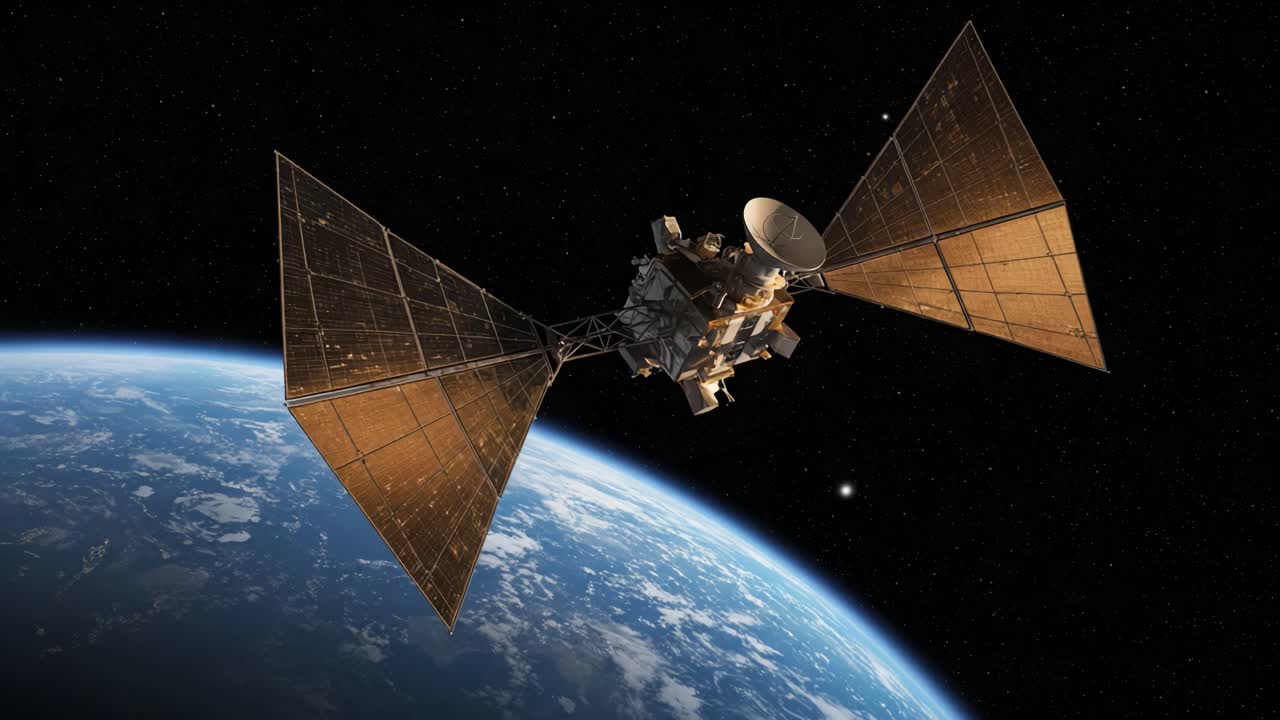 A Spectacular View of a Spacecraft Orbiting Earth, Showcasing Its Solar Panels and Communication Dish Against the Vastness of Outer Space