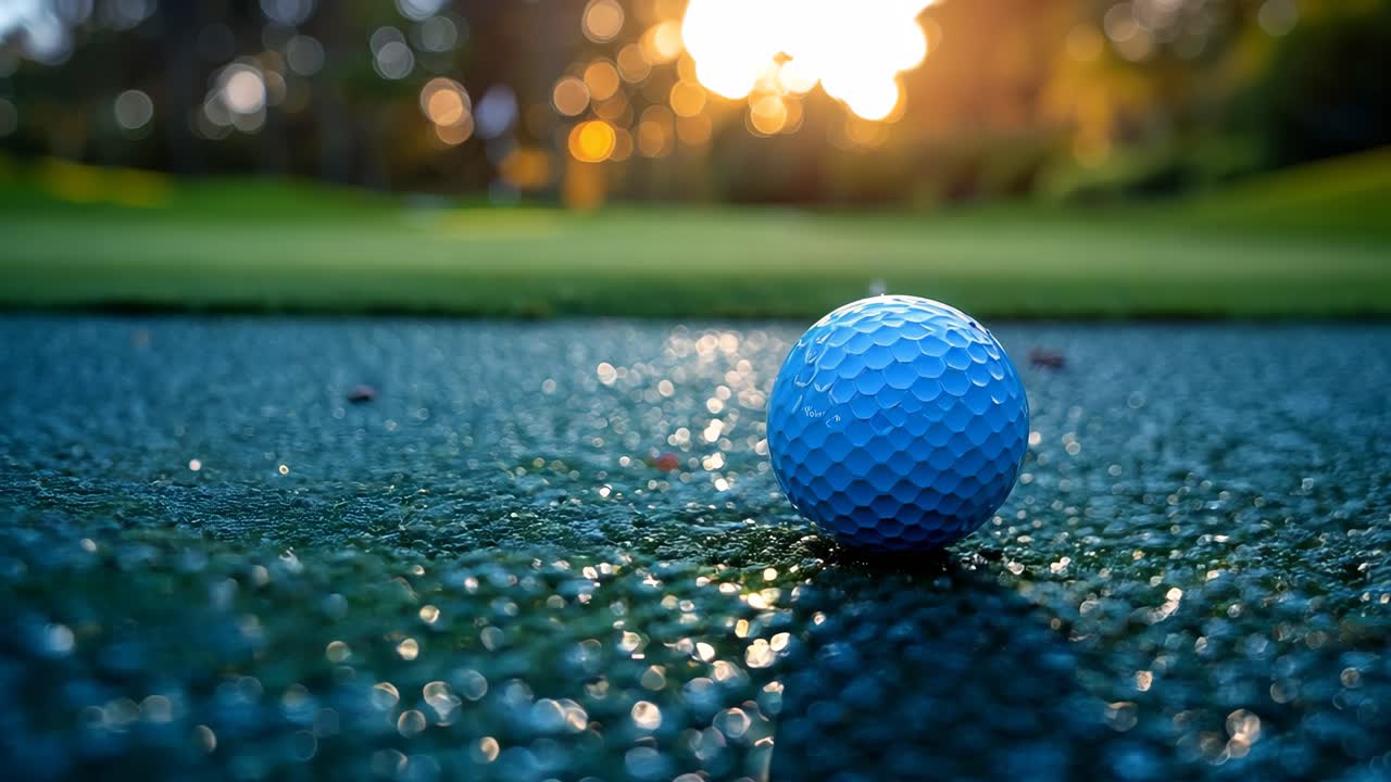 A golf ball is sitting on a blue surface. The surface is made of rocks