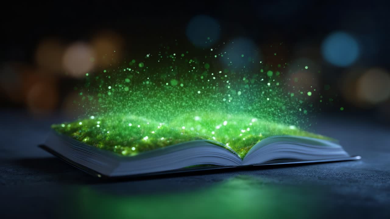 Un libro incantato che brilla di una luce verde scintillante, catturando l'immaginazione con la sua aura magica di energia e colori vivaci in un ambiente scarsamente illuminato