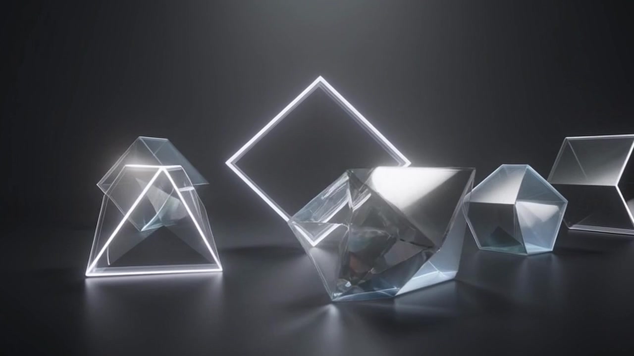 Abstract Animation of Glowing Geometric Glass Shapes Rotating in Dark Space