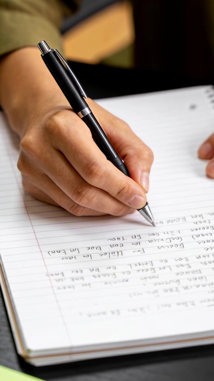Vertical video: Writing with right hand taking notes at desk, black pen touching spiral notebook