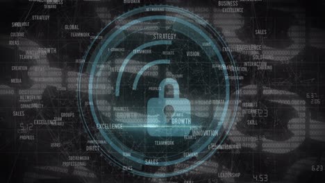 texto de seguridad cibernética sobre escáner redondo contra la red de textos de concepto de negocios y cadena de seguridad