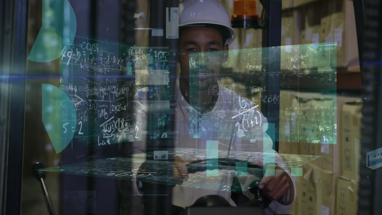 Animation of data processing over african american male worker in warehouse