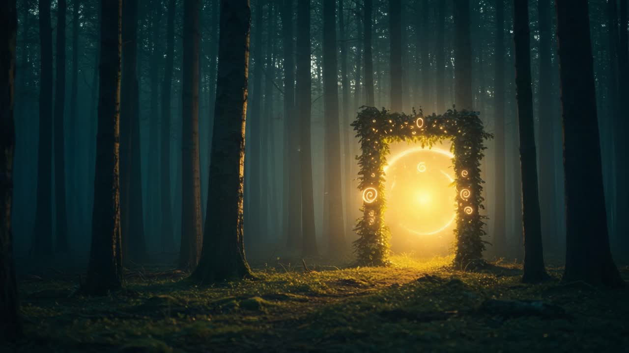 A Glowing Portal Surrounded by Mystical Forest: Witness the Enchantment of an Illuminated Gateway Amidst Tall Trees and Soft Fog