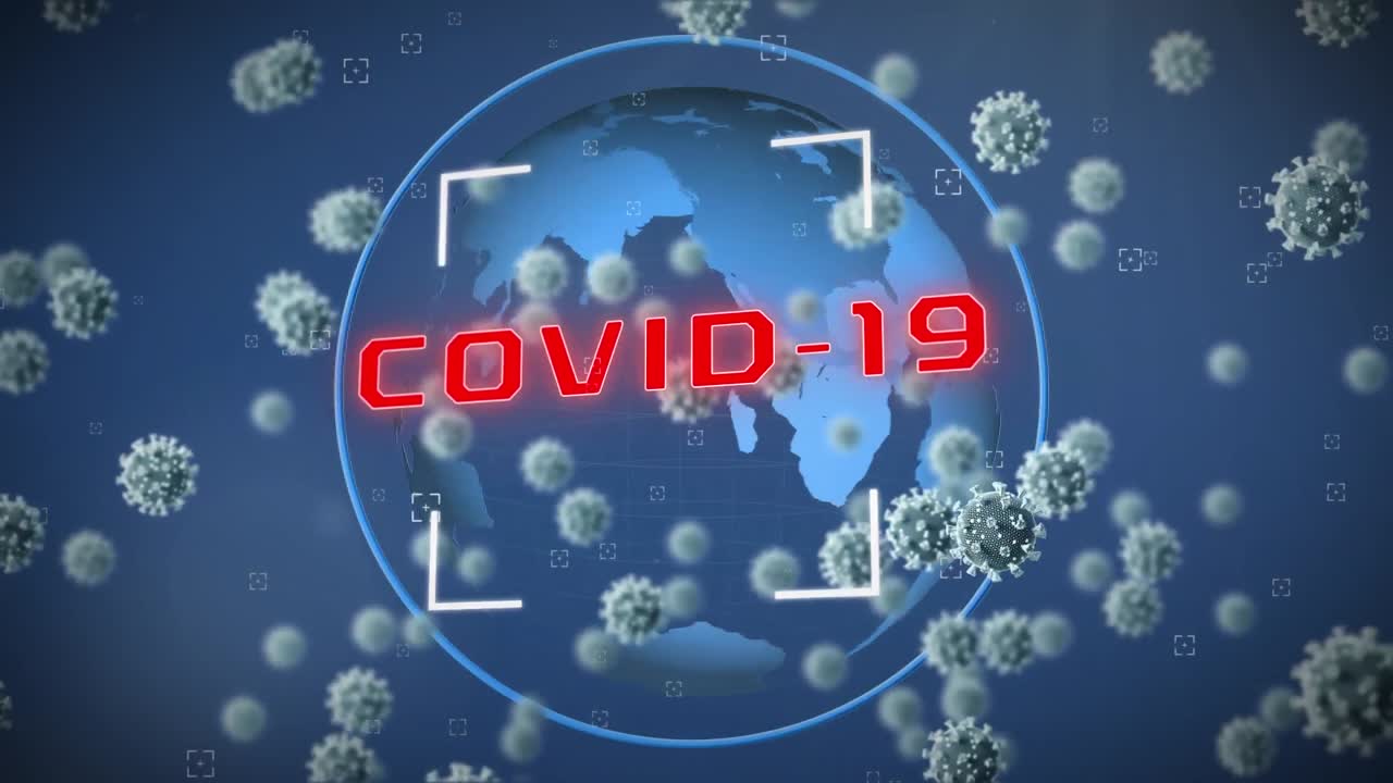 코로나 19 텍스트와 3d 세포의 애니메이션이 파란색 배경에 지구 위에 떠 있습니다.