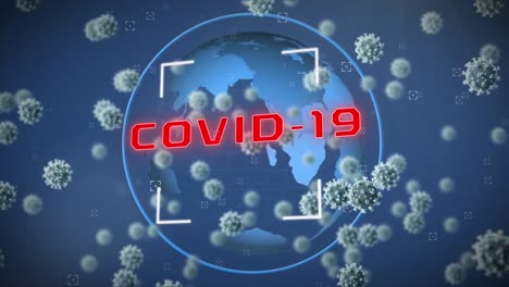 Animation-of-covid-19-text-and-3d-cells-floating-over-globe-on-blue-background