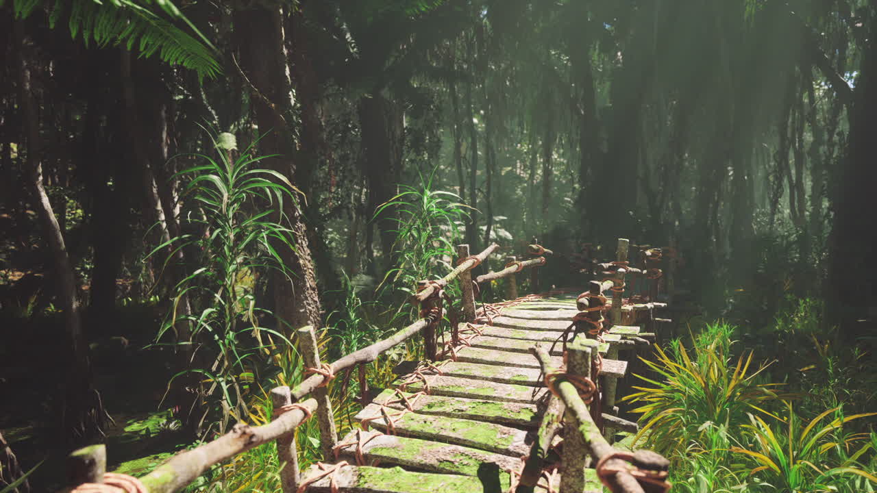 un puente de madera que conduce a una densa selva tropical