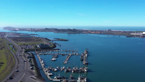 eureka california, northern california. aerial view of north and south jetty and hookton channel