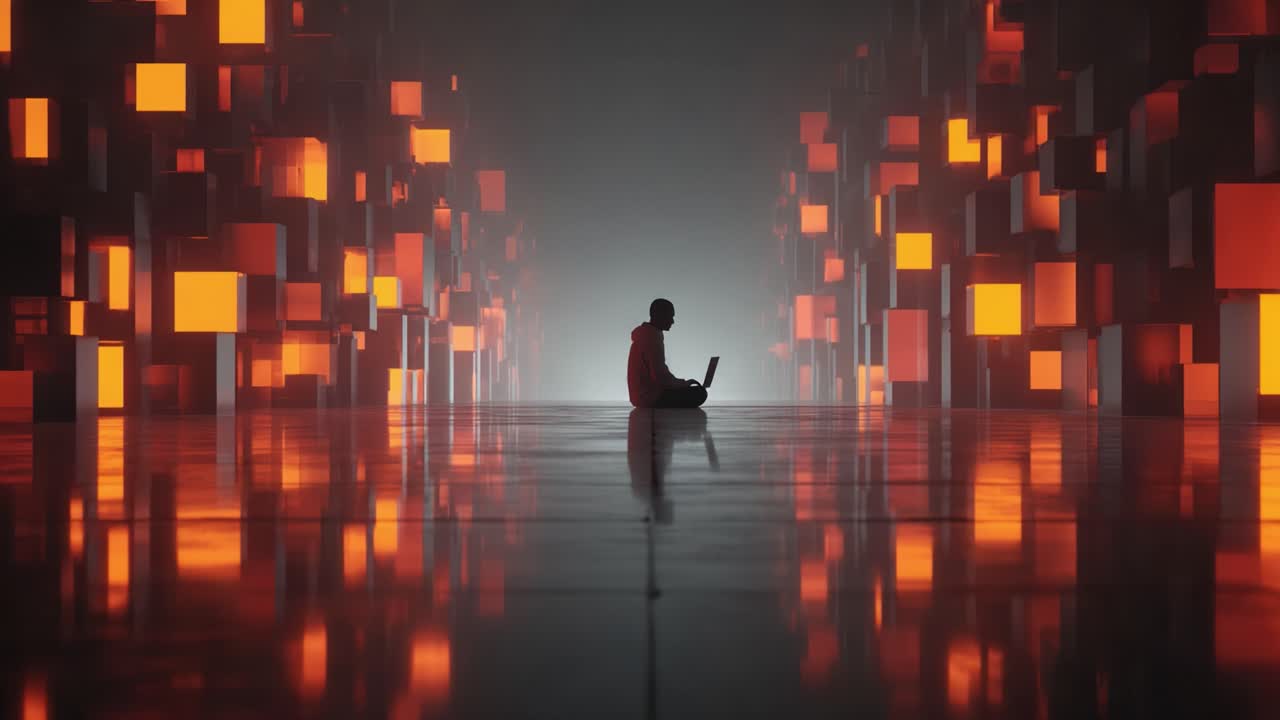 A solitary figure immersed in digital creation, surrounded by vibrant glowing blocks, reflecting innovation and technology in a mesmerizing ambient environment