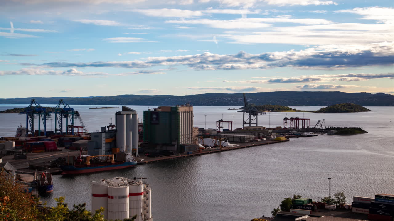 Oslo Inlet Cargo Containers Cranes | Premium Stock Video Footage