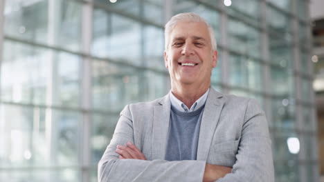 senior, face and happy businessman with arms