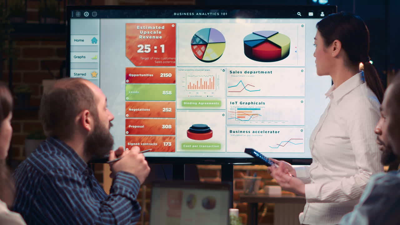 Project manager presentation, employee explaining analytics research results