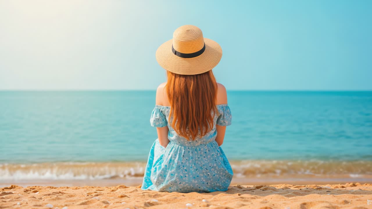 A young woman relaxes on the sandy beach while gazing at the calm ocean waves. Dressed in a light blue dress and a wide-brimmed straw hat, she enjoys the warmth of the sun and the serenity of the setting. The horizon stretches endlessly ahead, showcasing a vibrant blue sky merging with the water. Th