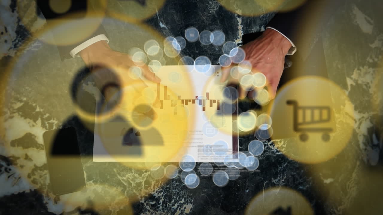 네트워크 연결 및 디지털 아이콘의 애니메이션으로 비즈니스맨과 함께 지구를 형성합니다.