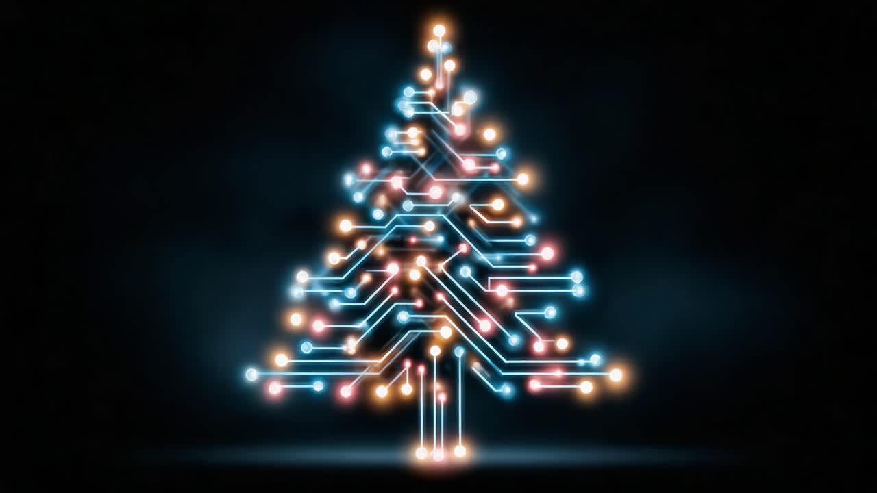 A Futuristic Christmas Tree Made of Neon Lights and Circuit Patterns, Blending Traditional Holiday Spirit with Modern Technology in a Stunning Dark Background