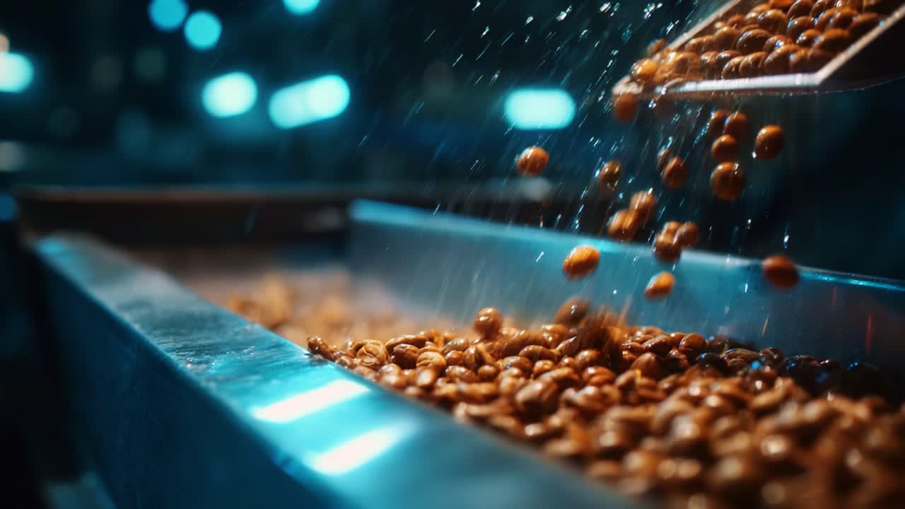 Video Capturing the Process of Coffee Beans Being Shovelled and Poured into a Metal Conveyor, Highlighting Their Rich Color and Texture