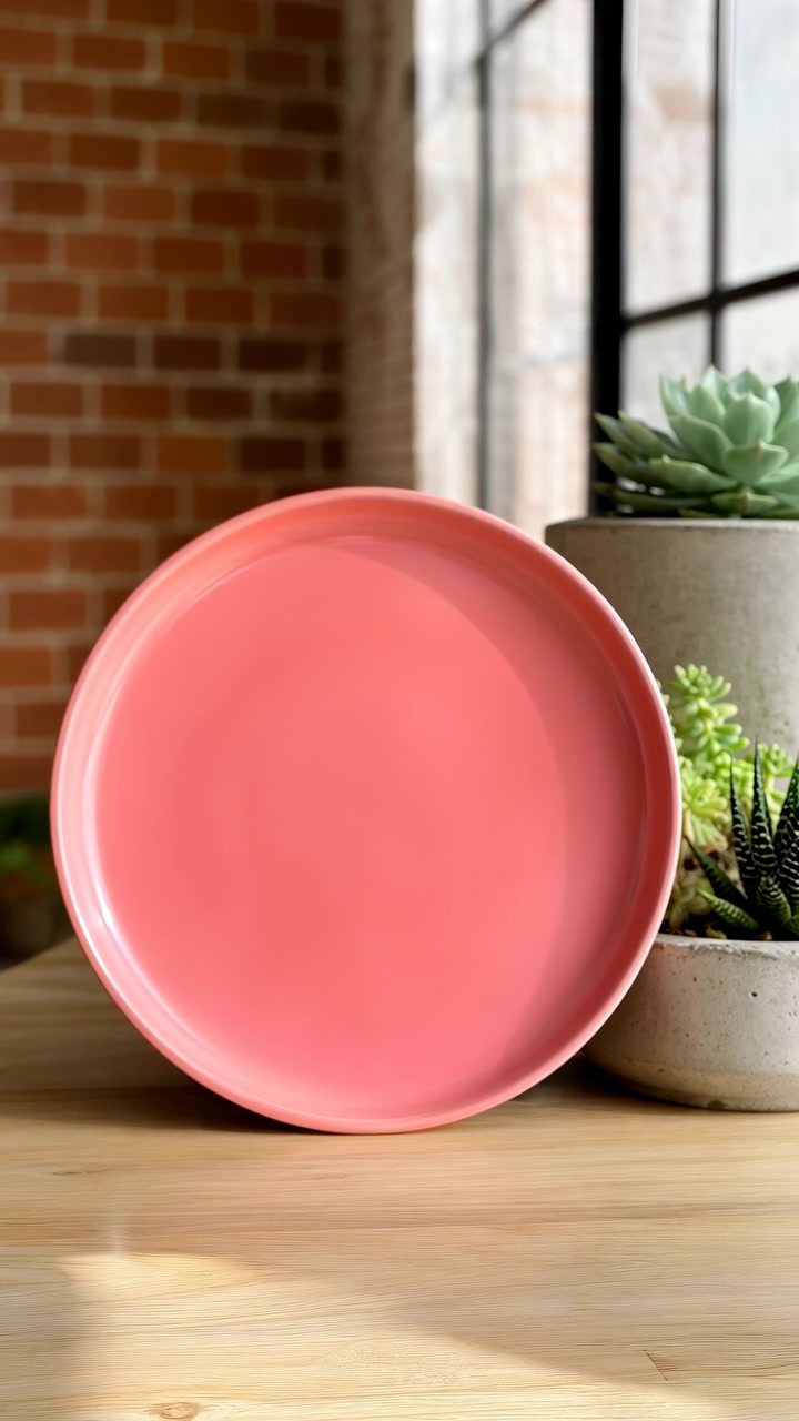 Coral ceramic plate stands upright on wooden tabletop beside concrete planter with succulents, while soft daylight from tall pane windows reveals shifting highlights, shadows, and texture