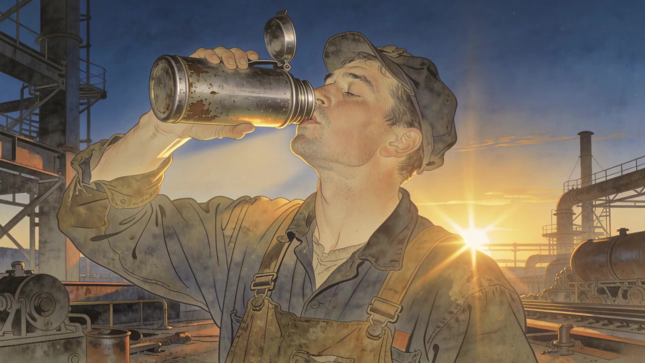 Taking break male worker wearing overalls flipping canteen lid and drinking on plant deck, sunrise