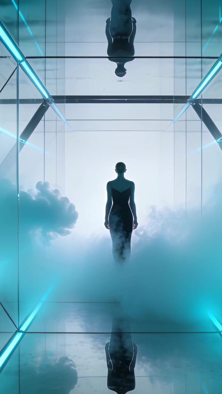 Vertical video: Lighting cue sending woman stepping toward cyan-lit glass pod, fog revealing gown