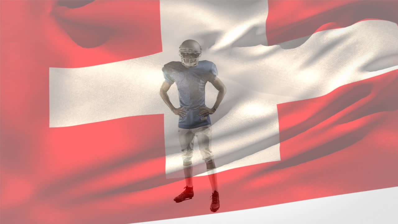 Animation of african american male rugby player standing over waving switzerland flag