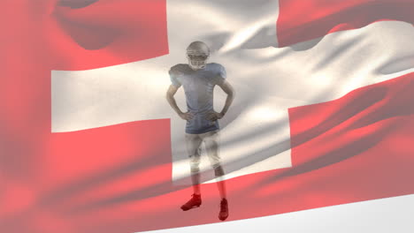 animation of african american male rugby player standing over waving switzerland flag