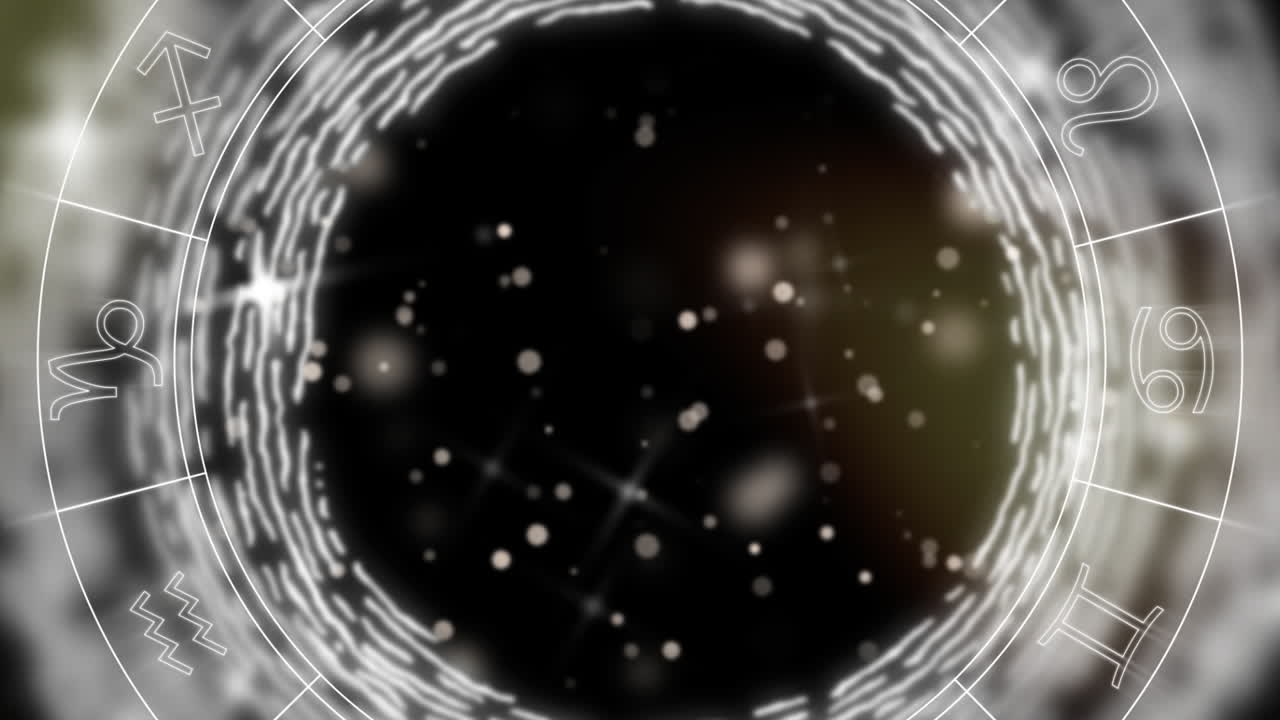 검은색 배경에 빛의 반점이 있는 회전하는 별자리 바 ⁇ 의 애니메이션