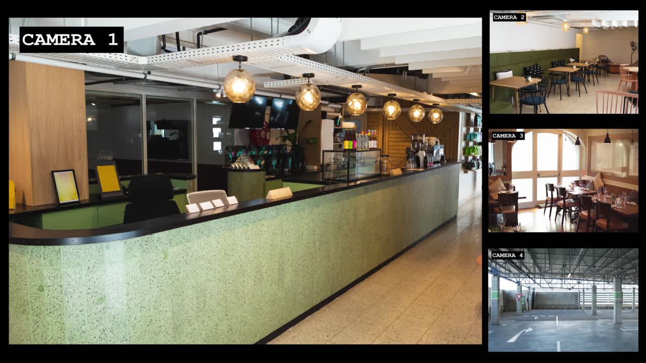 호텔 리셉션, 카페, 바 및 수영장 내부의 4 개의 보안 카메라 뷰, 느린 동작