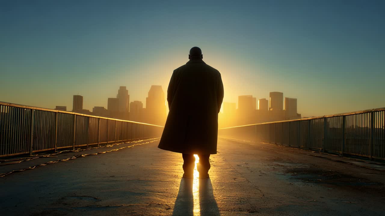 Silhouette of a Figure in a Long Coat Against a Stunning Sunrise Over a City Skyline, Capturing a Moment of Reflection and Solitude Amid Urban Beauty