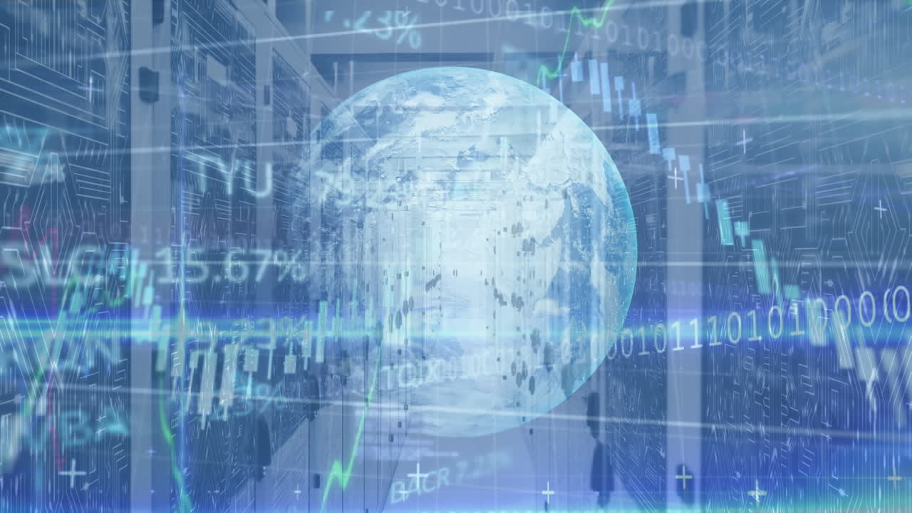 통계와 데이터 처리의 애니메이션과 빈 사무실 위에서 지구가 회전하는 것